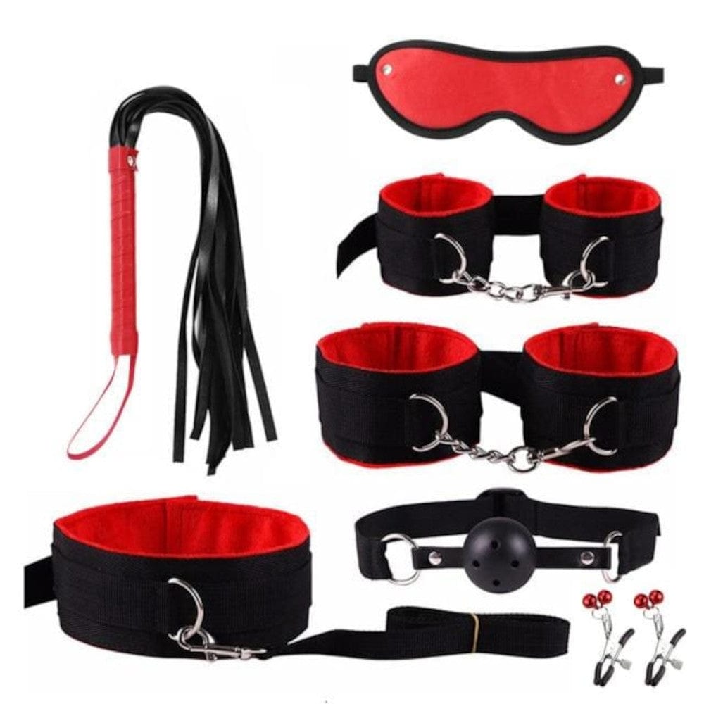Lifestyle Change Starter Kit for BDSM with Bondage Restraints in black, black with red, and black with purple colors.