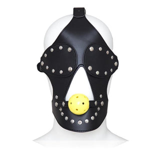 You are looking at an image of Not A Word Leather Sex Mask featuring adjustable straps, studded design, and fitted shape for comfort and control.