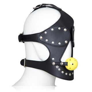 This is an image of Not A Word Leather Sex Mask with a blindfold and gag for heightened sensory exploration.