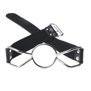 This is an image of Oral Fetish Toy, a BDSM gag with an adjustable PU leather strap and metal ring for enhanced playtime.