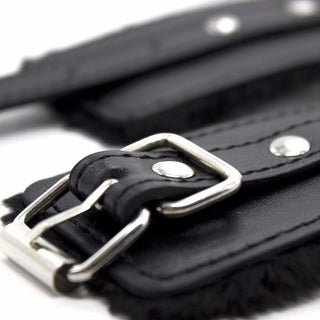 Fuzzy Leather Beginner Friendly Sex Handcuffs with plush padding, offering a balance of freedom and control for intimate experiences.