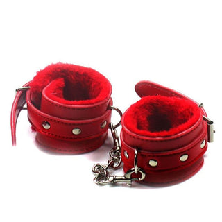 A visual representation of the comfortable and versatile Fuzzy Leather Beginner Friendly Sex Handcuffs in red, designed for exploration and trust.