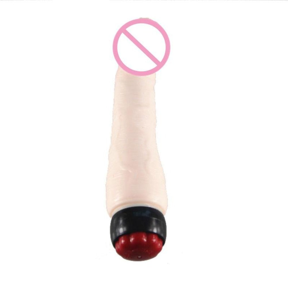 Take a look at an image of Multi-Vibration Squirting Dildo with twin heads for erotic bliss, made of TPR material, in flesh color with black handle, 9.25 inches in length, and realistic dimensions.