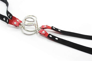A visual of the Stainless Mouth Bondage Toy made of PU leather straps and stainless metal O-rings for comfort and safety.