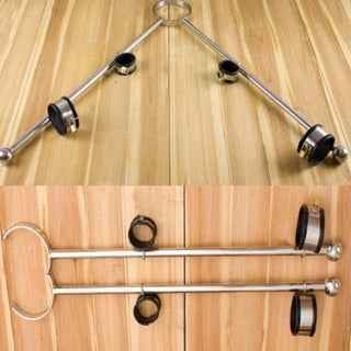Pictured here is an image of Stainless Ankle Spreader Toy Bar, a bondage restraint set made of stainless steel bars with cuffs and choker for exploration of control and surrender in intimate play.