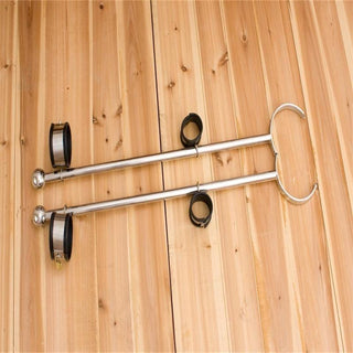 This is an image of the Stainless Ankle Spreader Toy Bar, featuring cuffs and collar designed for comfort and restraint, allowing for a thrilling experience of helplessness and erotic tension.