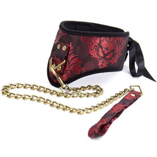 You are looking at an image of Exquisite Bondage Posture Submissive Sex Fetish Choker Slave Jewelry in black, red, and gold design with satin ribbon fastening.