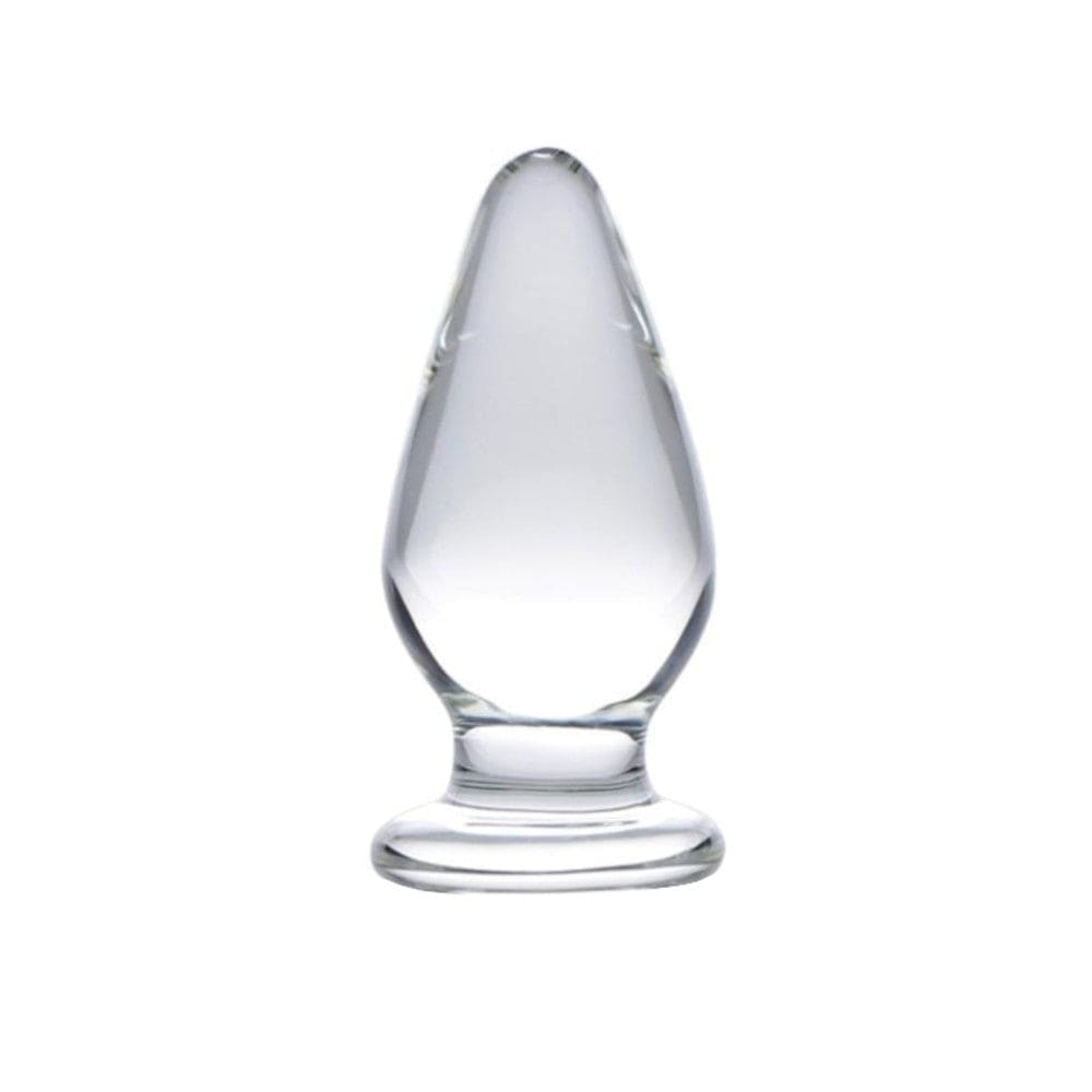 This is an image of Clear Plug | Crystal Glass Plug 4.21 Inches Long Men, a sleek and temperature-sensitive glass plug for adventurous play options.