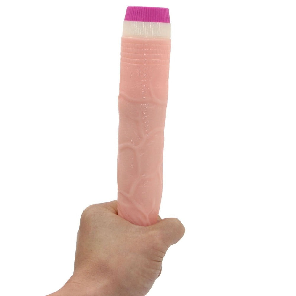 Battery Operated Dildo Thrusting Silicone Rotating Vibrator with soft, skin-like texture and prominent veins for extra sensation.
