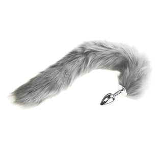 Presenting an image of Furry Gray Cat Tail Plug 16 Inches Long with stainless steel plug and plush synthetic fur handle.