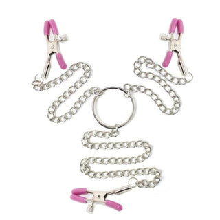 Feast your eyes on an image of Triple Threat Clit Nipple Clamps highlighting the luxurious design for intense sensations during play.