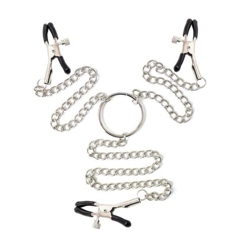 Observe an image of Triple Threat Clit Nipple Clamps made from high-quality metal with removable rubber tips for comfort and safety.