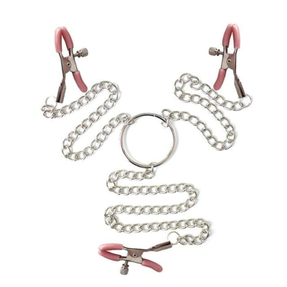 What you see is an image of Triple Threat Clit Nipple Clamps featuring adjustable alligator clamps connected by elegant metal chains.