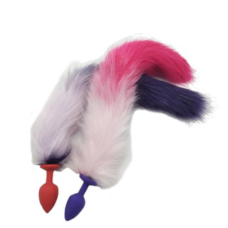 Colorful Random Silicone Cat Tail Plug 15.75 Inches Long in purple and pink colors with a faux fur handle.