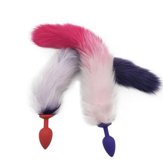 15.75-inch long teardrop-shaped silicone plug with a plush faux fur tail in purple and pink colors.