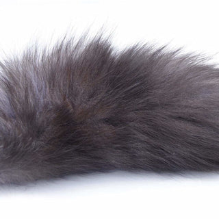 What you see is an image of Gray Fox Tail Plug 16 Inches Long displaying the non-porous, body-safe stainless steel material.