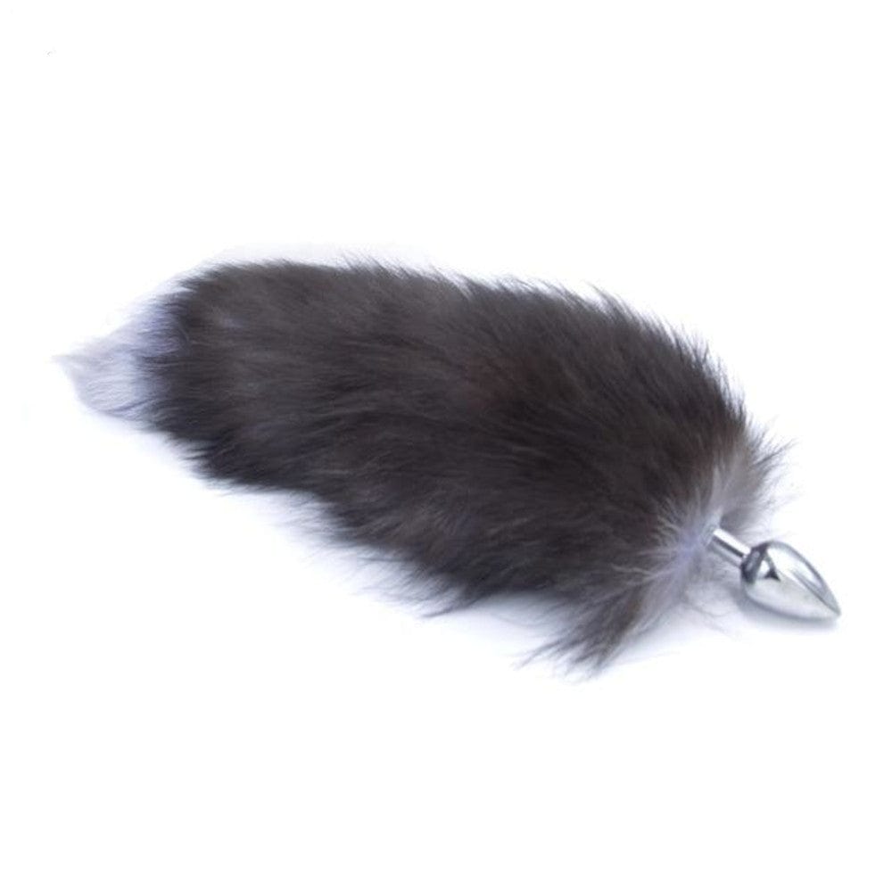 What you see is an image of Gray Fox Tail Plug 16 Inches Long with faux fur tail and stainless steel butt plug.