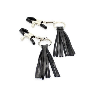 You are looking at an image of Clamps With Black Tassel, stainless steel with black leather tassels for intimate play.