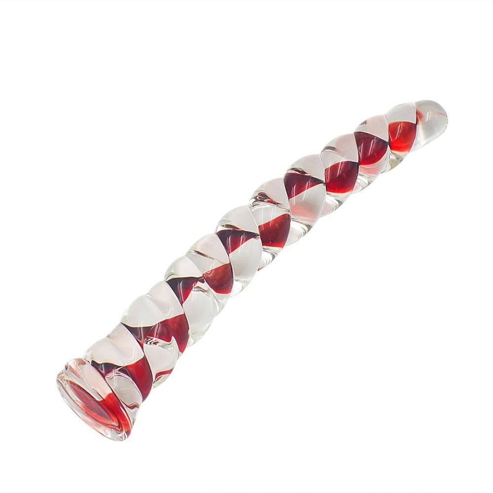 Spiral dildo with red and clear colors, 7.6 inches in length and 1.18 inches in width, made of Pyrex Glass.
