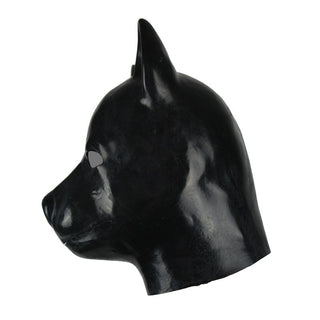 Black latex mask for BDSM play, designed for comfort and safety with easy cleaning.