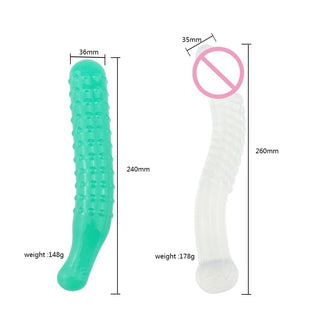 View the Erotic Green Spiky Cucumber Ribbed Masturbator Soft Dildo, a body-conforming toy with a slender handle for easy grip and manipulation.