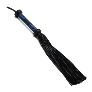 This is an image of the synthetic leather flogger designed for BDSM power play with a non-slip handle and wrist loop for control.