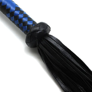 This image displays the black with blue details Hardcore BDSM Whipping Synthetic Leather flogger for enhancing BDSM impact play.