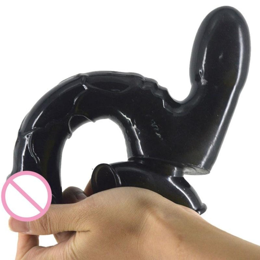 Featuring an image of Maximum Pleasure Double Headed Dildo With Suction Cup, showing the dimensions of 5.83 inches for the dildo and 4.41 inches for the anal plug.