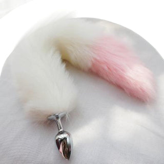 This is an image of Colorful Fantasy Cat Tail Plug in White and Pink color combination, 15.75 inches long.