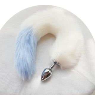 Colorful Fantasy Cat Tail Plug displayed in White and Blue color combination, 15.75 inches long.