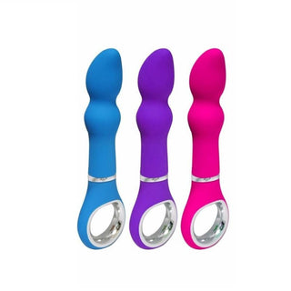 Pictured here is an image of Candy Colored Vibrating Beads in blue, purple, and rose red silicone material with varying bead sizes for intense stimulation.