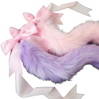 Featuring an image of Cosplay Cat Tail Plug 13 to 15 Inches Long in black color with a fluffy faux fox tail and a silicone plug with a paw print base.