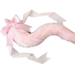 This is an image of Cosplay Cat Tail Plug 13 to 15 Inches Long in pink color with a ribbon adorning the base and a tapered silicone plug.