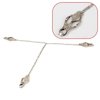 This is an image of Torture Trio Nipple Clamp Clit Chain showing the dimensions and material - metal.