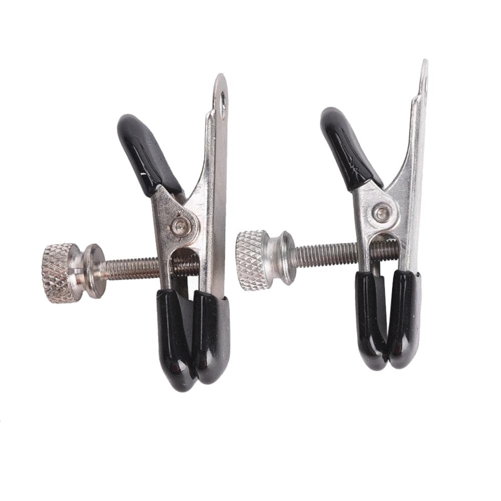 This is an image of Adjustable Metal Nipple Clamps, sleek silver design for unique pleasure and pain sensations.
