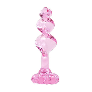 Feast your eyes on an image of Pink Twirling Tower Prostate Stimulator Glass Anal Plug For Men 4.33 Inches Long in pink glass material with swirl pattern and flared base.