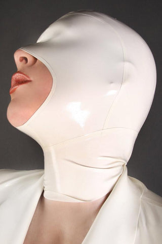 Feast your eyes on an image of Helpless Predicament White Latex Mask, a form-fitting latex mask in pristine white color for bondage play.