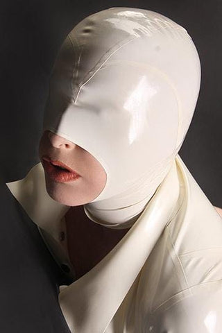 This is an image of Helpless Predicament White Latex Mask, a latex mask designed for sensory experience and role-play scenarios.