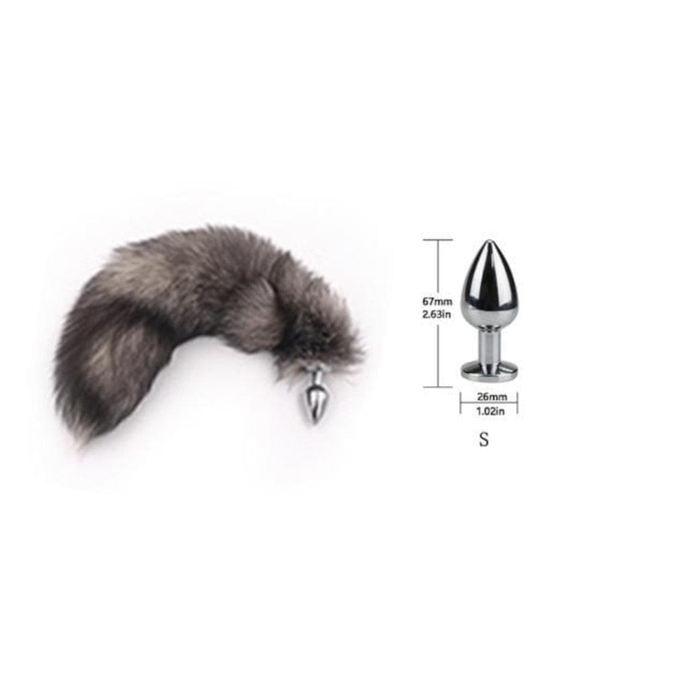 Pictured here is an image of Gray Fox Tail Plug 16 Inches Long emphasizing the snug yet comfortable fit of the 1.10-inch wide butt plug.