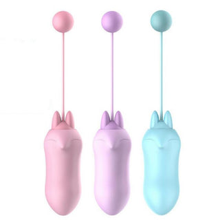 Observe an image of Random Color Foxy Vibrating Kegel Balls in pink, purple, and blue silicone material.