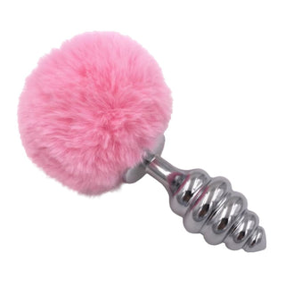 Ribbed-contoured bunny tail plug with stainless steel construction, 2.7 to 3.5 inches long.