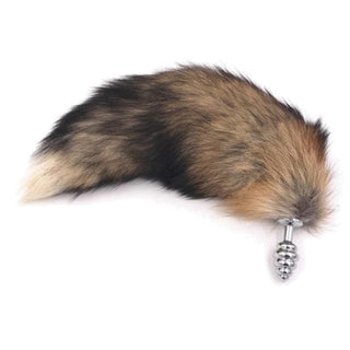 Faux Brown Fox Cat Fur Plug with a handle made from synthetic fur and a ribbed stainless steel plug.
