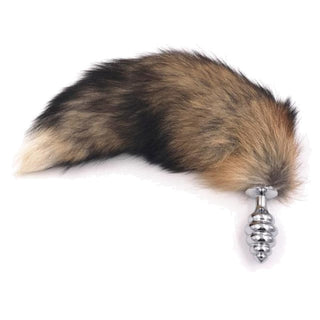 Faux Brown Fox Cat Fur Plug showcasing a plush synthetic fur tail handle and ribbed stainless steel plug.