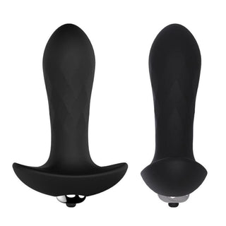 A view of the 4.05-inch long and 1.26-inch wide black silicone vibrating plug designed for anal play.