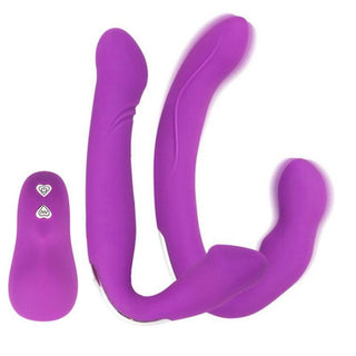 Feast your eyes on an image of a Strap On Remote Vibrator For Couples with dual-shaft design and separate motors for dual stimulation.
