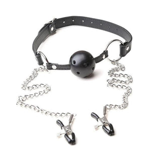 This is an image of Ball Gag Clamp set with black leather choker and silver chains.