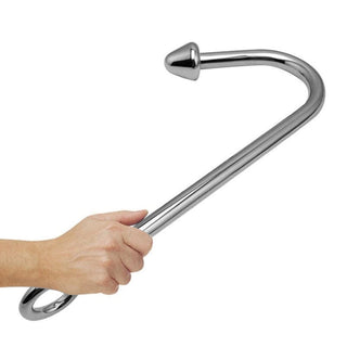A metal anal hook with a cone-shaped bead designed for targeted stimulation.