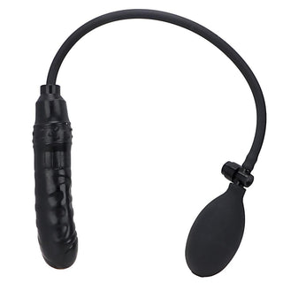 Pictured here is an image of Pleasure Device Silicone Inflatable Dildo, a black inflatable dildo made of medical-grade silicone with ridges and knobs for extra stimulation.