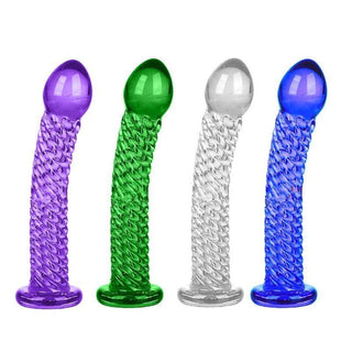 What you see is an image of Scaly Stimulation Colored 7 Inch Glass Dildo in clear color, featuring ribbed shaft for intense stimulation.