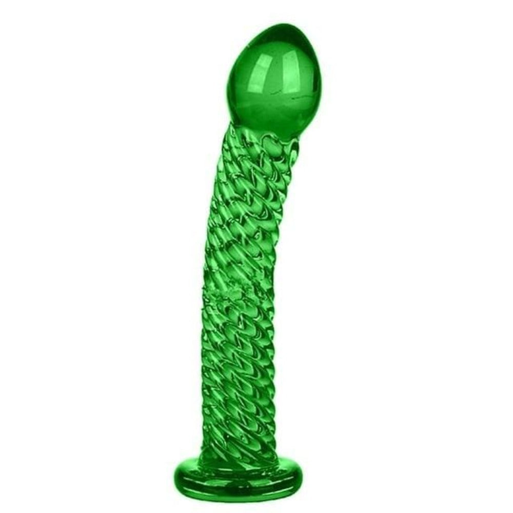 Check out an image of Scaly Stimulation Colored 7 Inch Glass Dildo specifications, showcasing the dimensions and material details for your pleasure.
